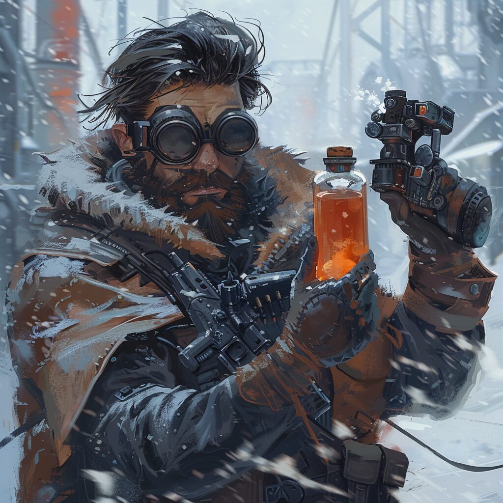 A bearded man in goggles and a fur coat holds a glowing orange potion bottle in falling snow