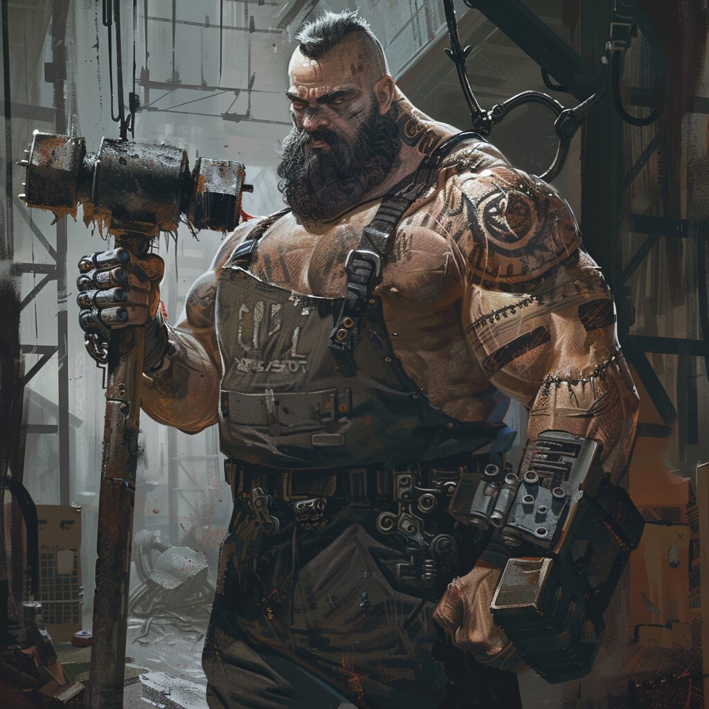 A muscular tattooed man holding a heavy hammer in a gritty industrial workshop