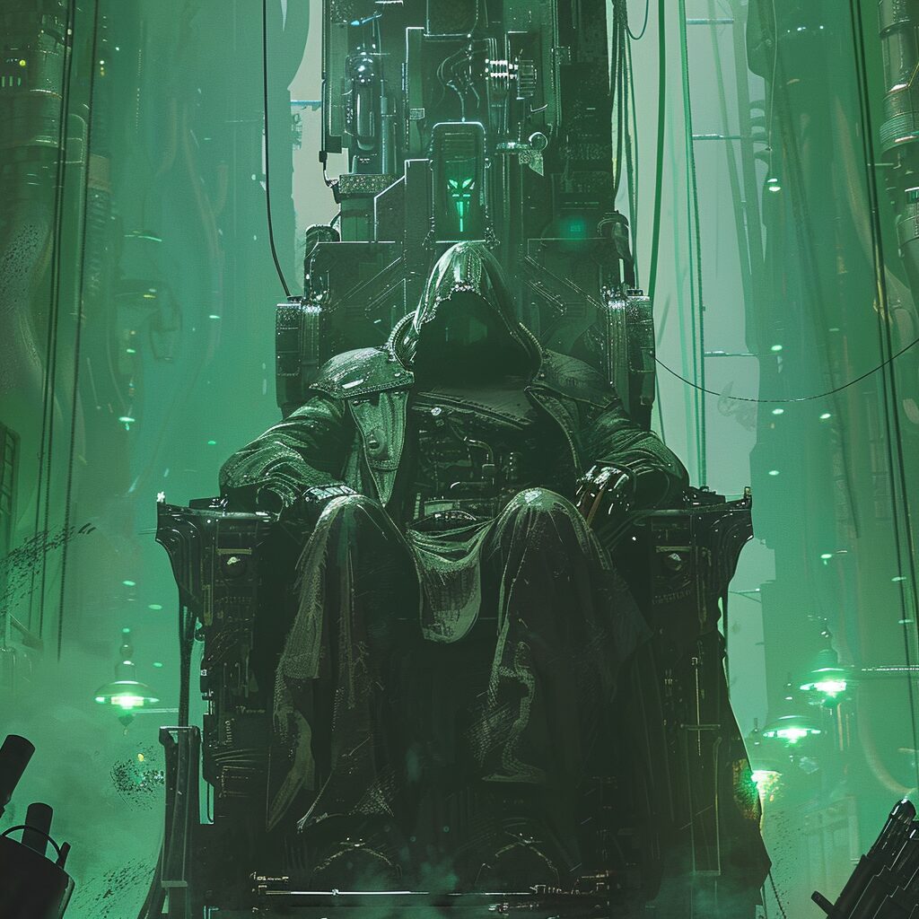A hooded figure fused to a vast dark throne, surrounded by faint green machine glow