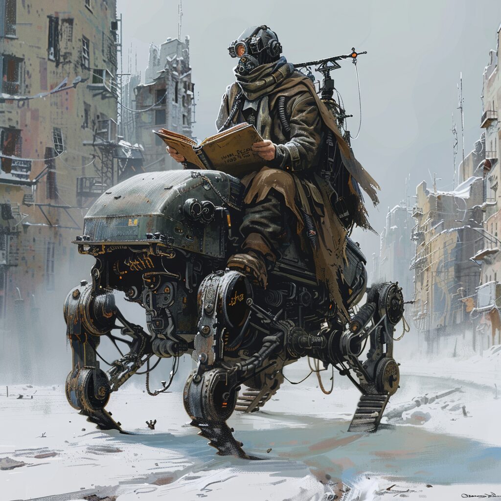 A hooded figure rides atop a four-legged industrial mech through a snowy ruined cityscape