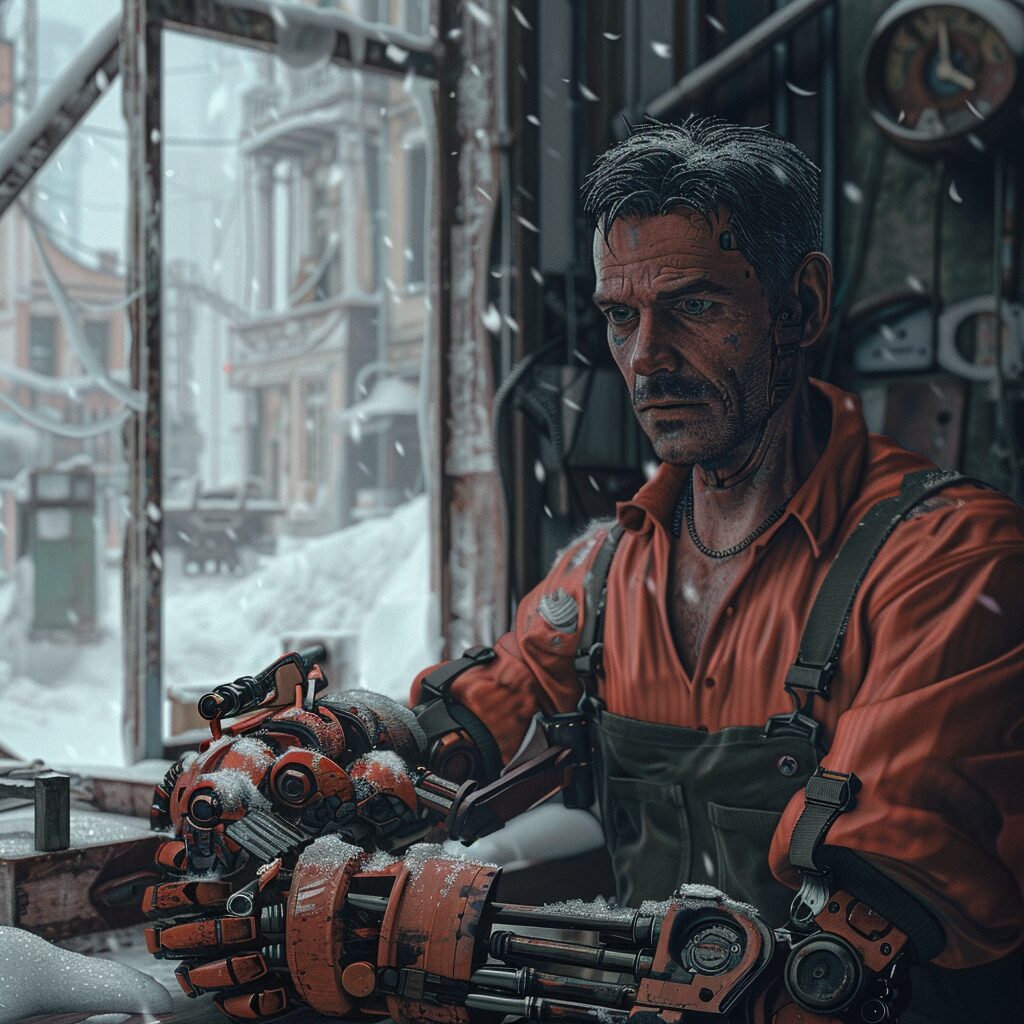 A man in an orange shirt with a scrap-built mechanical arm sits in a workshop full of tools and scavenged metal