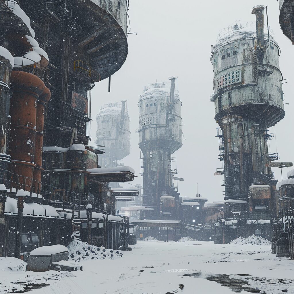 A frozen industrial city with tall rusted towers and snow-covered domes against an overcast sky