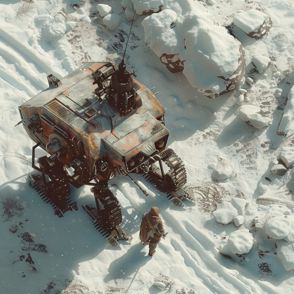 An isometric view of a half-buried mech in snow, a survivor approaching from the foreground