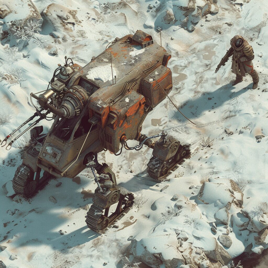 An isometric view of a salvaged tracked mech in deep snow, with a survivor approaching