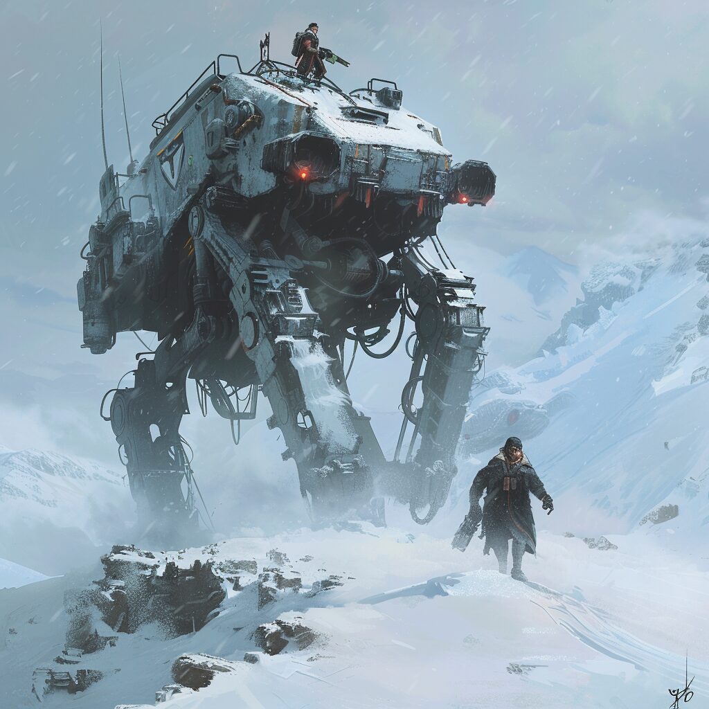 A pilot trudges through deep snow ahead of an idle mech with glowing red eye in a freezing valley