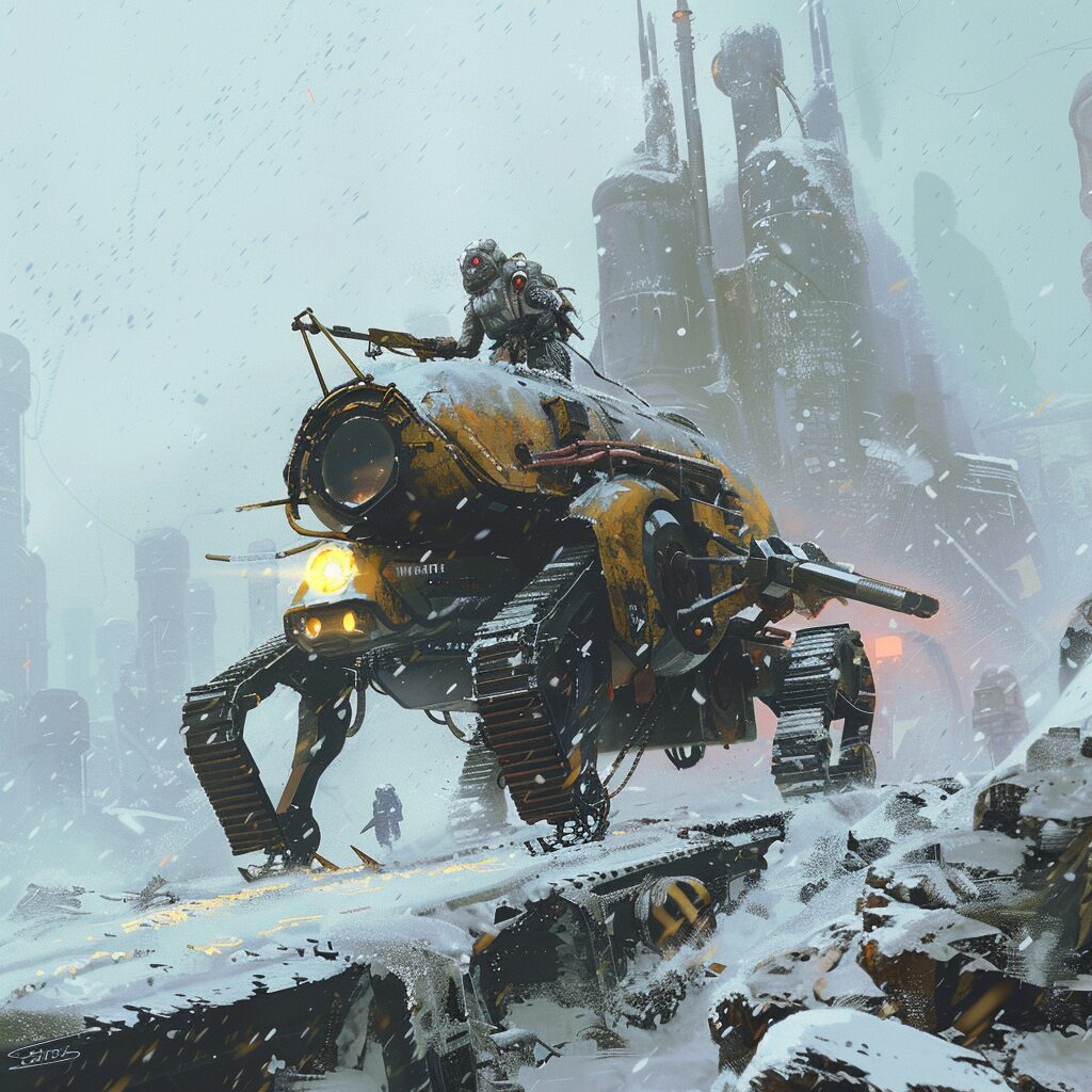 A salvaged industrial mech crossing a snowy ridge in front of a frozen city