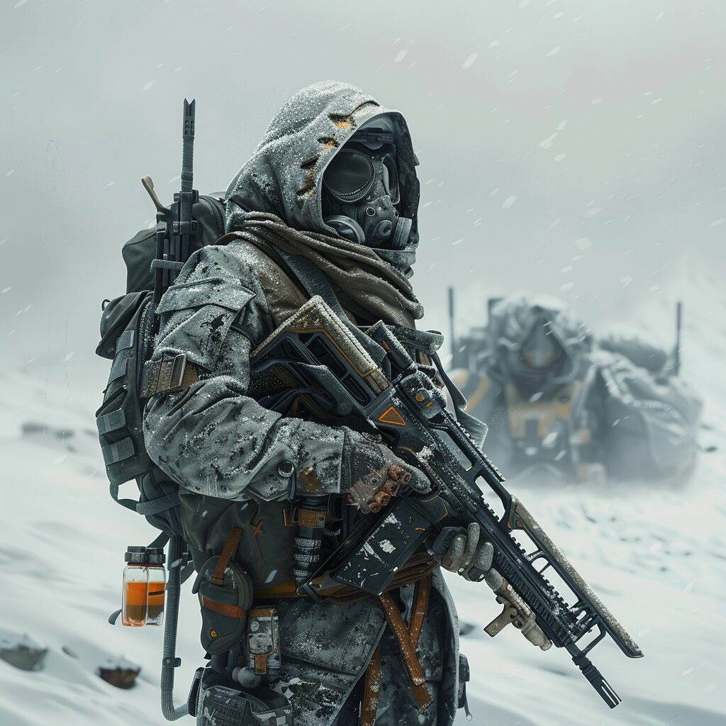 A heavily armed survivor in white-camo winter gear stands in deep snow with a damaged mech behind them