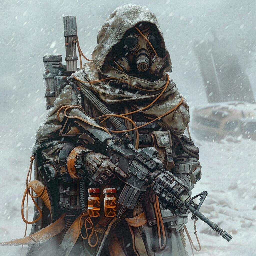A heavily cloaked survivor wrapped in scarves, weapons strapped across their chest, standing in a blizzard
