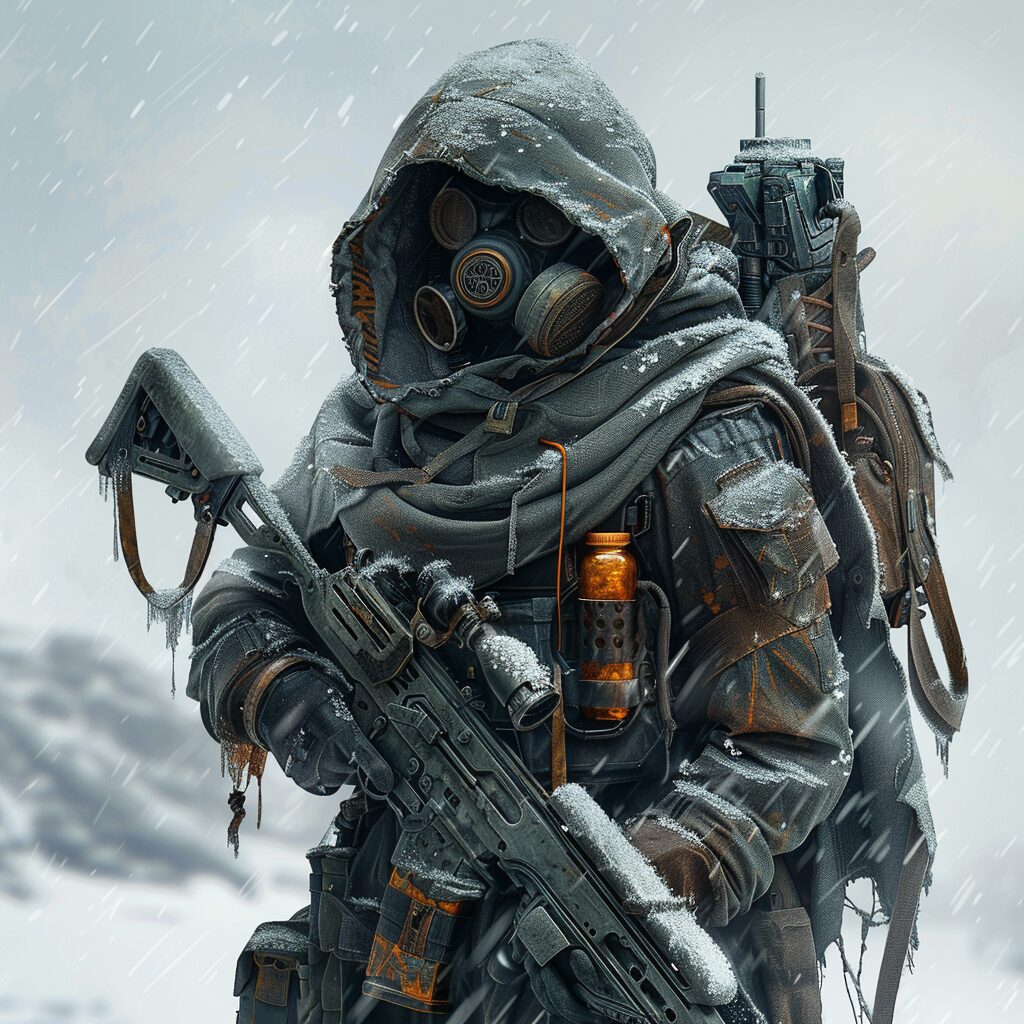 A masked survivor in heavy winter gear holding a rifle in falling snow