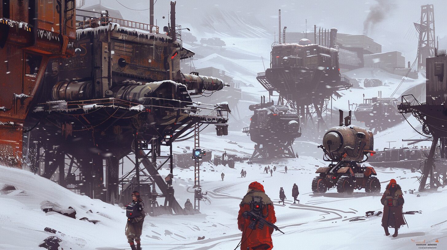 A snowbound trade hub with massive rusted machinery looming over scattered survivors